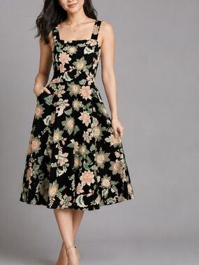 Who What Wear Floral Midi Dress Black Pink Boho Cottagecore Sundress